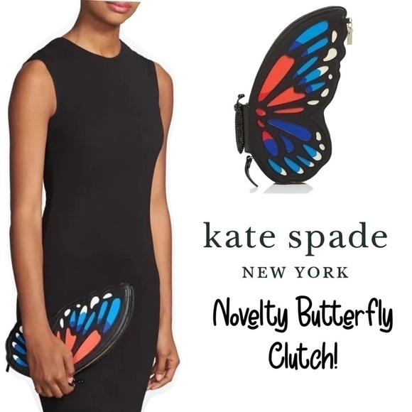 Kate Spade Monarch Butterfly Clutch Black Leather Novelty Rare Bag Purse Sequin - Picture 1 of 15